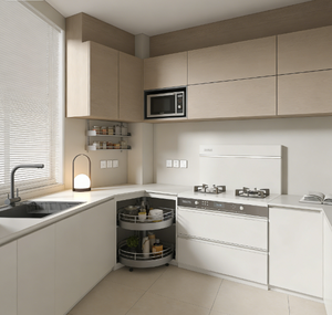 Sistema de Muebles de Cocina Modernos de Dos Tonos, Diseño en L Personalizado con <span class=keywords><strong>Horno</strong></span> Empotrado y Área para Electrodomésticos de <span class=keywords><strong>Microondas</strong></span> - Product Image 6
