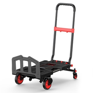 Chariot pliable à quatre roues avec plateforme en plastique rouge et noir pour le shopping et le transport de marchandises - Product Image 5
