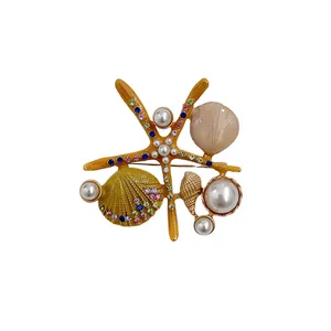 Jewelry Supplier Creative Shell Starfish Pattern 18K Gold Plating Suit Cloth Decorative Pearl Pin Brooch