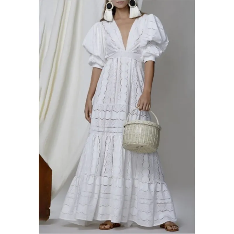 White Summer Women Casual Long Summer Dresses Vintage Dress V Neck Maxi Korean Elegant Puff Sleeve Midi Button Dresses