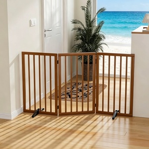 Wholesale 3 Panel Foldable Freestanding Dog <strong>Gate</strong>, 32 Inch Tall Brown <strong>Wooden</strong> Pet Fence for Indoor <strong>Stair</strong> Doorway - Product Image 1