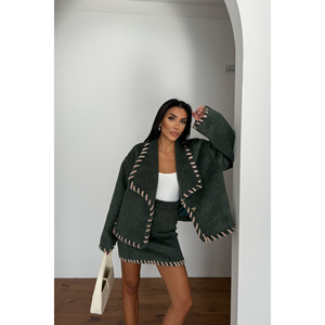 Conjunto Formal de 2 Piezas: Chaqueta Corta de Lana Verde con Cuello de Pastor y Falda Corta, Corte Holgado, Nueva Llegada - Product Image 2