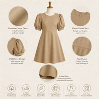 Robe en coton 200 GSM à manches bouffantes pour femme, décontractée, unie, col rond, coupe trapèze fluide, personnalisable avec logo OEM ODM, tailles XS-5XL, robe florale pour femme