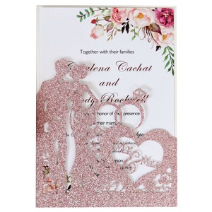 Carte de vœux 3D rose scintillante ajourée pour mariage, invitation de mariage en stock - Product Image 3