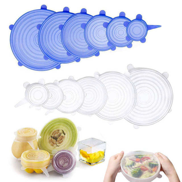 6 Pack Silicone Stretch Lids Reusable Airtight Seal Food Covers Universal Fit Bowls Pots Jars Cans Keep Food Fresh Kitchen Tool