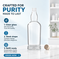 Bouteille en verre super clair de luxe personnalisée avec bouchon en liège pour la vodka, le whisky, les spiritueux, les liqueurs, l'emballage de boissons, les fournitures de distillerie
