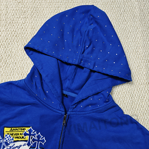 Ropa de calle personalizada para hombre de peso pesado 420 GSM bordado desgastado algodón francés Terry Rhinestone capucha Zip Up Hoodie - Product Image 4