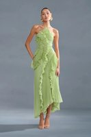Robe longue en mousseline de soie haut de gamme pour femme, col licou, volants, pompons, coupe trapèze amincissante, antistatique, imprimé numérique, idéale pour l'été
