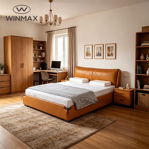 Modern Simple Luxury Genuine Leather Upholstered Comfortable Assembled King & Queen Size Wooden Iron Frame Bedroom Bed