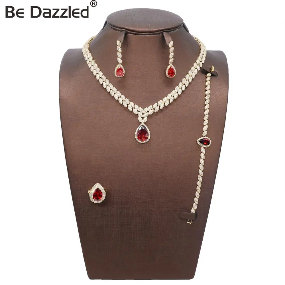 Ébloui 2020 Arabe mode coloré zircon pierre 24k plaqué or pierre rouge costume ensemble de bijoux de mariage pour les femmes