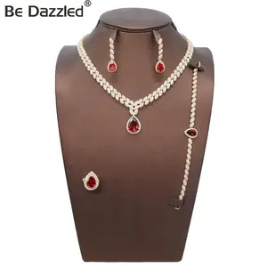 Onprettige 2020 Arabische Mode Kleurrijke Zircon Stone 24K Gold Plated Red Stone Kostuum Bruiloft Sieraden Set Voor Vrouwen