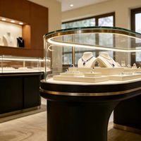 Comptoir de présentation de bijoux de luxe GZowin OEM/ODM avec verre incurvé, éclairage LED, dimensions et couleurs personnalisables, vitrine haute résistance