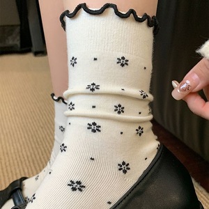 Women's Mid Calf <b>Socks</b> White Snowflake Pattern Ruffled Trim Breathable Sweat Absorbing For Spring Autumn Winter - Product Image 1