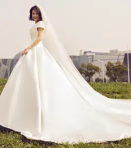 ZX-1502 Satin Bridal Gown High Waist One Shoulder Vintage Style White Beige Royal Design Lace Decoration Wrap Waistline