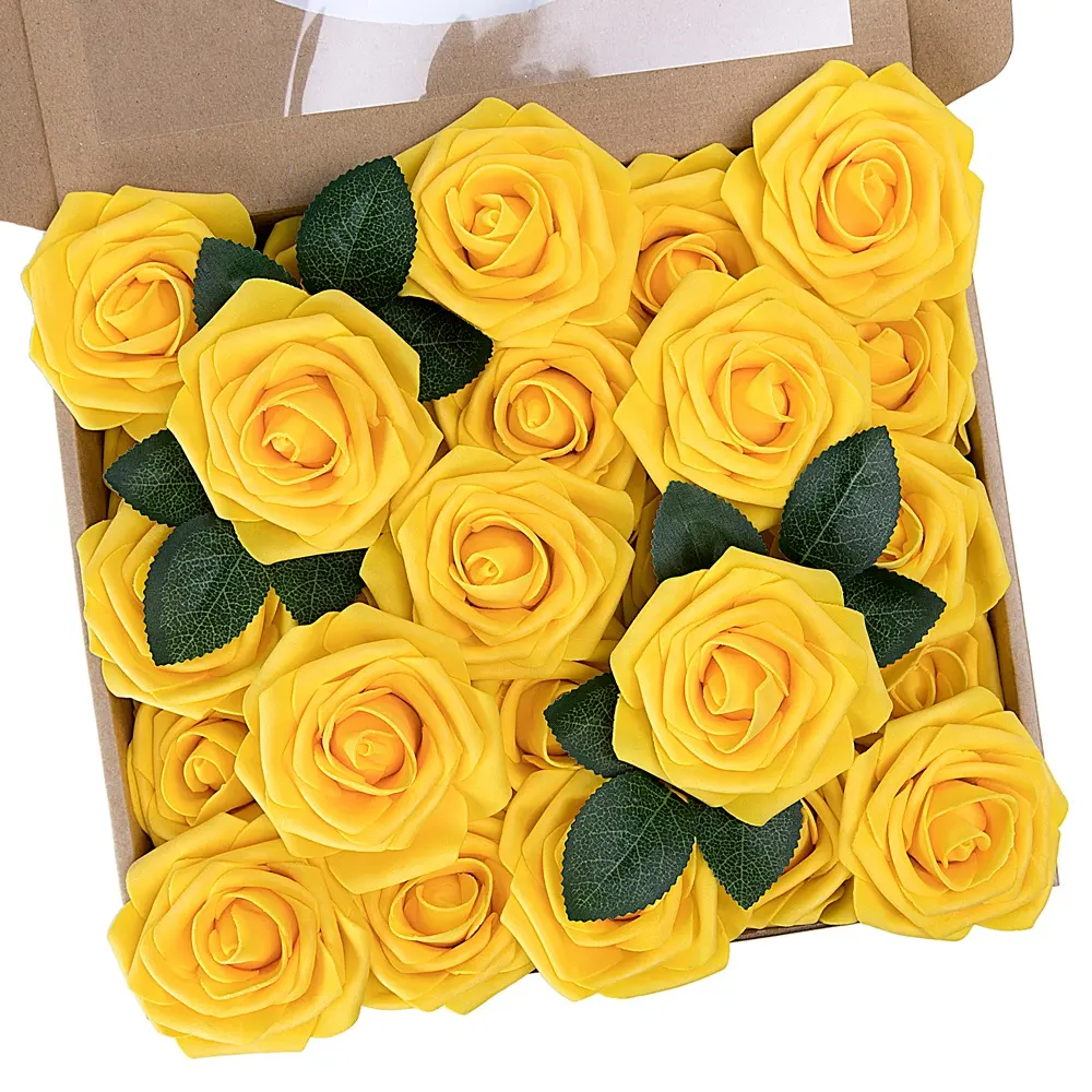25PCS Gold Artificial Flowers Real Touch Foam Roses with Stem for Wedding Bouquets Arrangements Party Home Decorations