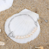 GPB06 Chaîne à maillons Figaro demi-or 14K fait main en argent 925 taillé de diamants et bracelet de perles baroques demi-irrégulières