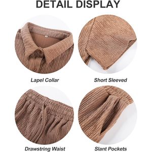 FOXA Womens 2 Piece Casual Outfits Summer Pleated Short Sleeve Top Button Down Shirt <b>Set</b> Breathable Y2K Style - Product Image 3