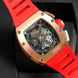 Men's rose gold retro chronograph watch, hollowed-out automatic mechanical barrel-shaped watch, with <b>red</b> rubber strap - Product Image 4