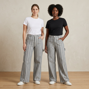 Pantaloni Palazzo a Vita Alta con Elastico, Gamba Larga e Taglio Bootcut per Donna, Estivi e Comodi, a Righe, Stile <span class=keywords><strong>Cargo</strong></span>, Lavorati all'Uncinetto, ODM 100% <span class=keywords><strong>Lino</strong></span> - Product Image 1