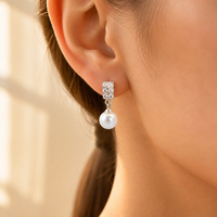 Pendientes Colgantes de Perlas Blancas y Diamantes de Imitación, Tono Cobre Plateado, con Cristales, Tipo Clip, 16mm, Joyería al por Mayor para Mujer