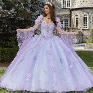 Mumuleo Vintage lilla Quinceanera abiti svasati manica dolce 16 abito da ballo 3D fiori perle vestidos de 15 quinceanera