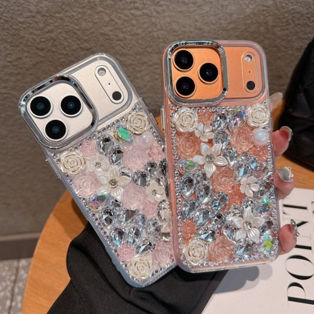 Luxury bling 3D crystal diamond rose flower mobile phone case for iPhone 11 12 13 14 15 16 17 pro max scratch protect cover
