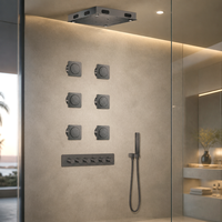 Système de douche pluie : Pommeau de plafond 16 pouces avec jets latéraux et douchette à main, robinetterie thermostatique 5 fonctions
