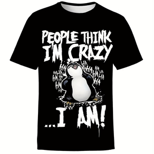 Camiseta de manga corta con estampado 3D de talla grande para hombre Bold 'People Think I'm Crazy 'Graphic Cartoon Penguin Design Loose Knitted - Product Image 1