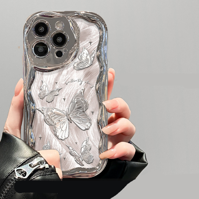 Sale Silver Butterfly Print Cream Wave Edge Electroplated Mirror Face Mobile Phone Case for Iphone 11 12 13 14 15 16 17 Pro Max