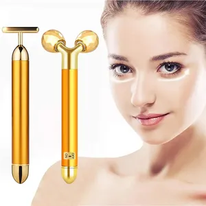 2-IN-1 Beauty Bar 24k Golden Pulse Facial Massager Electric 3D Roller and T Shape Face Massager Kit Face Lifting Anti-Wrinkles