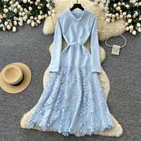 Robe midi élégante à manches longues, col montant, ceinture, ourlet en dentelle, pour femme, printemps automne, occasion formelle