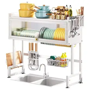 Pia de cozinha para prato de mesa com porta, armário de armazenamento, suporte para escorredor de poeira, suporte e rack de armazenamento