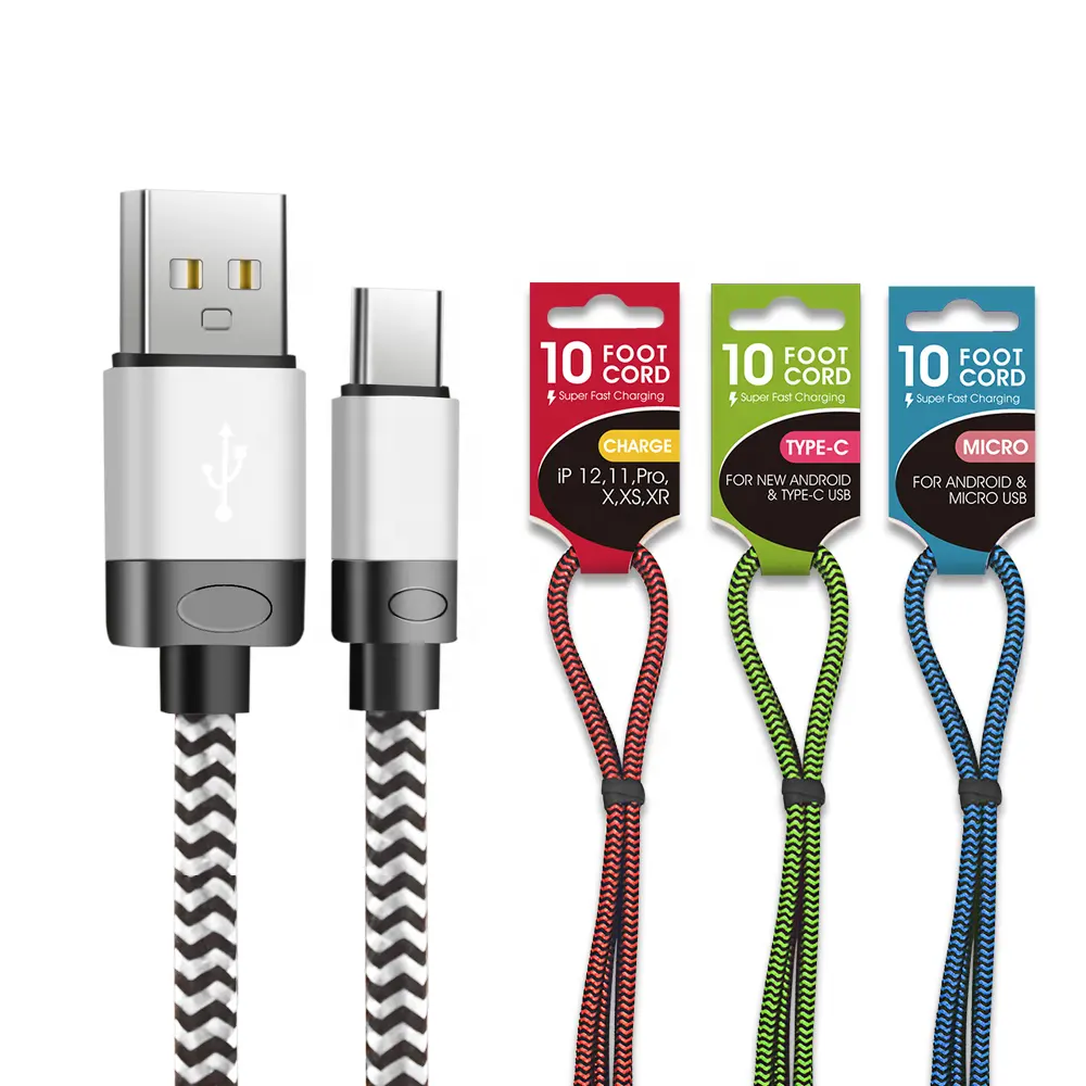 工場卸売3M USB Type-Cデータケーブル急速充電器10FTUSBケーブルナイロン編組充電コード