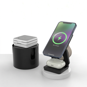 Chargeur sans fil magnétique pliable 3-en-1 15W pour téléphone, montre et écouteurs (Noir/Blanc) - Product Image 1