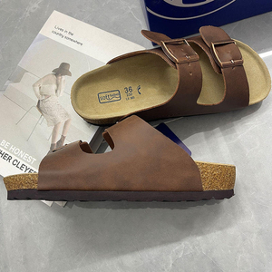Sandalias Ajustables con Doble Hebilla y Suela de Corcho, Unisex, Punta Abierta, Gamuza de Vaca, Acolchadas, para Interiores y Exteriores, Talla 36 - Product Image 4