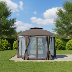 Gazebo para Exteriores, Domo para Patio, Toldo de 12' x 12', Techo Doble, Tela Marrón, Estilo Pérgola, con Cortinas Laterales y Mallas - Product Image 2