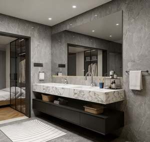 Mueble de Baño Negro de Pared con Lavabo Doble, Encimera de Mármol, Cajones de Almacenamiento y Estantes Abiertos para Organizar el Baño del Hogar - Product Image 2