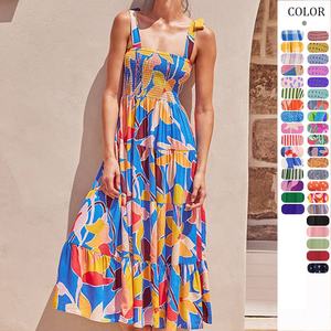 Vestido de Verano Nuevo y Popular para Mujer, Estilo Bohemio, Largo hasta el Suelo, Cuello Cuadrado, Lazo, Tejido Estampado Floral, Corte en <span class=keywords><strong>A</strong></span>, Cintura Natural, Casual, para Playa - Product Image 1