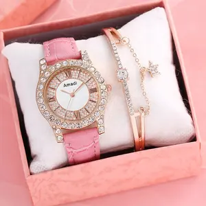 6086 China Fabrikant 2 Stuks Horloge Set Voor Vrouwen Lederen Luxe Rome Full Diamond Dames Horloges Set Goedkope Prijs