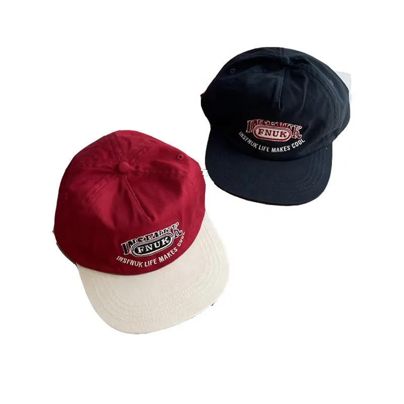 Sombrero de 5 paneles de sarga de algodón bordado personalizado color de contraste pico plano no estructurado vintage americano pico plano gorra SnapBack