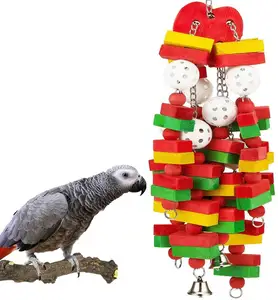 Mainan Burung Mainan Kunyah Burung Beo Mainan Kayu Blok Simpul dengan Lonceng Warna-warni untuk Afrika Abu-abu Kakatua Kecil Menengah