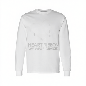 Camiseta de manga larga unisex con cuello redondo y estampado en relieve, con la inscripción 'Heart Ribbon We Wear Orange', para concienciación sobre la violencia entre adolescentes, ideal para caminatas y eventos. - Product Image 3