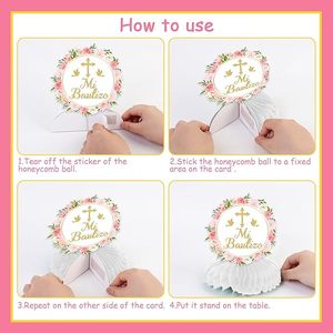 8 Piezas de Centros de Mesa de Panal de Abeja para Bautizo, Decoraciones para Baby Shower de Niñas, Color Rosa Floral, <span class=keywords><strong>Dios</strong></span> Bendiga, Primera Comunión - Product Image 4