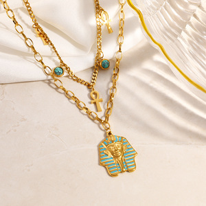 Collier CYNYA en acier inoxydable avec chaîne en bambou, style superposé, buste <span class=keywords><strong>de</strong></span> pharaon égyptien, <span class=keywords><strong>croix</strong></span> <span class=keywords><strong>Ankh</strong></span>, plaqué or 18 carats, unisexe - Product Image 5