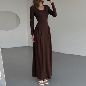Abito lungo elegante personalizzato a <span class=keywords><strong>maniche</strong></span> <span class=keywords><strong>lunghe</strong></span> con scollo rotondo e vita arricciata per feste casual - Product Image 2