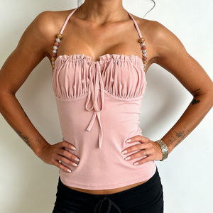 Haut court extensible sans manches pour femme, à col licou perlé, avec empiècement en maille transparente, buste froncé et lien ajustable sur le devant, idéal pour les soirées et les vacances - Product Image 3