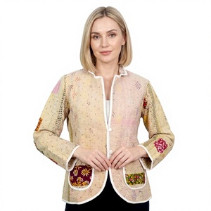 Indian Bohemian Kantha Breathable Eco-Friendly Reversible Button Regular <b>Vintage</b> <b>Jacket</b> Ladies Knitted Cotton V-neck Winter - Product Image 1
