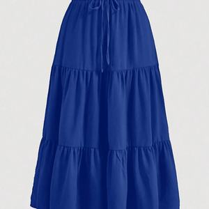 Jupe midi évasée décontractée en mousseline de soie, style bohème européen et américain, taille naturelle, superpositions fluides, couleur unie, collection été 2025 - Product Image 3