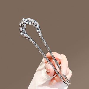 Horquilla de Pelo Metálica en Forma de U para Mujer, Estilo Chino, con Perlas y Hojas, Accesorios para Peinado - Product Image 2