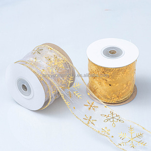Nouvel Arrivage OKAY : Ruban <span class=keywords><strong>Organza</strong></span> Filé avec Flocons <span class=keywords><strong>de</strong></span> <span class=keywords><strong>Neige</strong></span> Dorés pour Couronnes, Nœuds et Décorations Cadeaux <span class=keywords><strong>de</strong></span> Noël - Product Image 3
